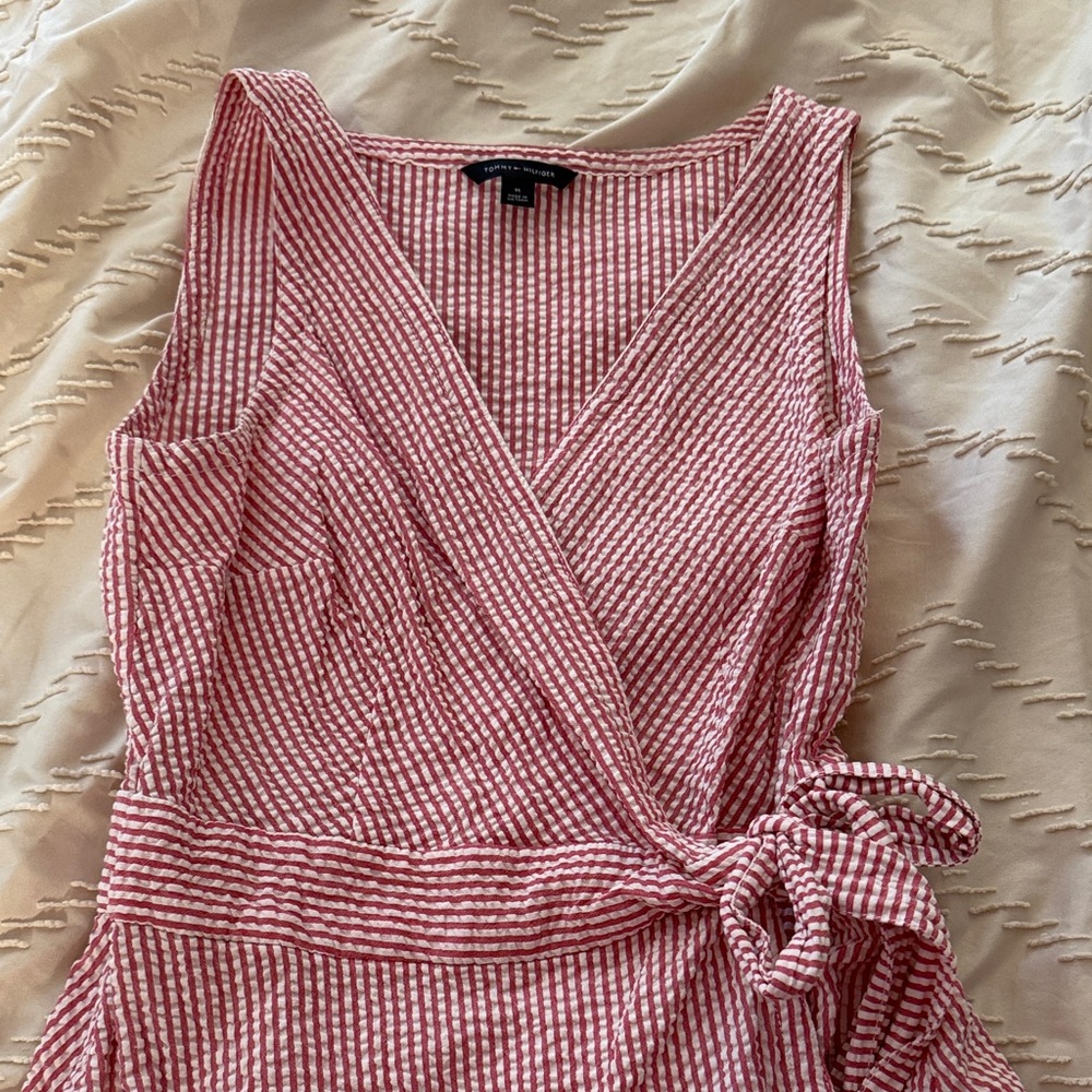 Red and White Seersucker Tommy Hilfiger Wrap Dress - Picture 3 of 7